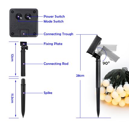 Brilagi - aurinkokäyttöinen LED-koristevalosarja BUBBLE, 50 LEDiä, 8 toimintoa, 7 m, IP65, lämmin valkoinen, 600 mAh