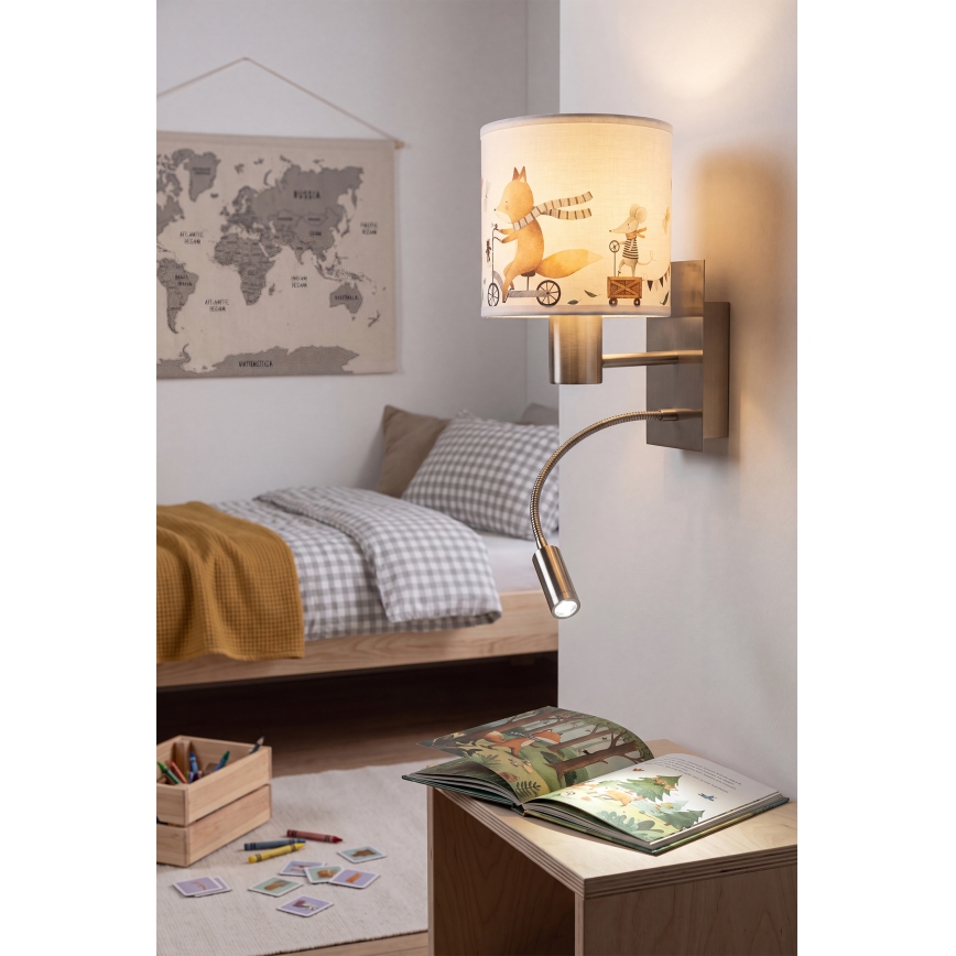 BRILAGI - LED-lastenseinävalaisin BOBO, taipuisa 1xE27/25W/230V + LED/3W mattakromi/valkoinen/eläinaiheinen