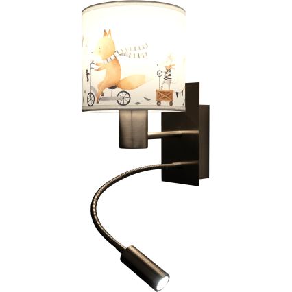 BRILAGI - LED-lastenseinävalaisin BOBO, taipuisa 1xE27/25W/230V + LED/3W mattakromi/valkoinen/eläinaiheinen