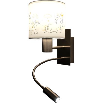 BRILAGI - LED Lasten joustava seinävalaisin BOBO 1xE27/25W/230V + LED/3W mattakromi/valkoinen/yksisarviskuvio