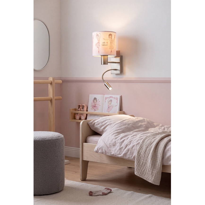 BRILAGI - LED lasten joustava seinävalaisin BOBO 1xE27/25W/230V + LED/3W mattakromi/valkoinen/vaaleanpunainen/balettikuvio
