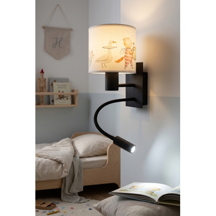BRILAGI - LED-lastenseinävalaisin BOBO, joustava, 1xE27/25W/230V + LED/3W, musta/valkoinen/eläinaiheinen