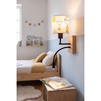 BRILAGI - LED-lastenseinävalaisin BOBO WOOD, säädettävä, 1xE27/25W/230V + LED/3W, tammi/musta/valkoinen/eläinkuviot