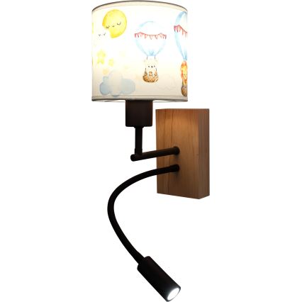 BRILAGI - LED-lastenseinävalaisin BOBO WOOD, säädettävä, 1xE27/25W/230V + LED/3W, tammi/musta/valkoinen/eläinkuviot