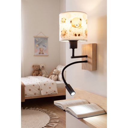 BRILAGI - LED Lasten joustava seinävalaisin BOBO WOOD 1xE27/25W/230V + LED/3W tammi/musta/valkoinen/nallet