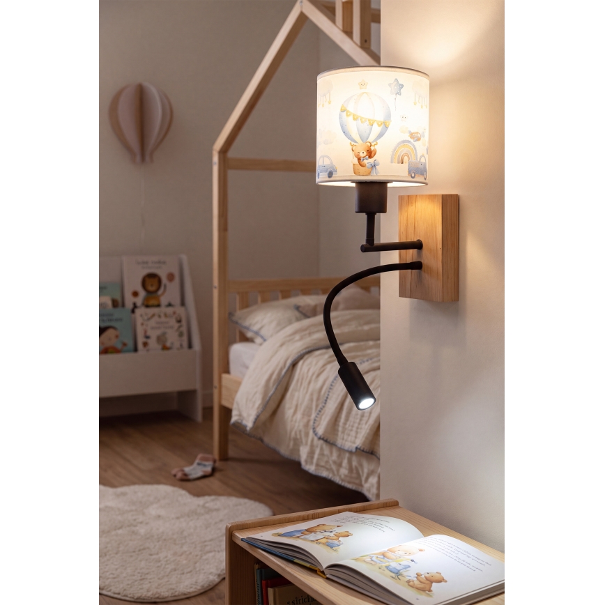 BRILAGI - LED-lastenseinävalaisin BOBO WOOD, säädettävä 1xE27/25W/230V + LED/3W tammi/musta/valkoinen/sininen/nallekuvio