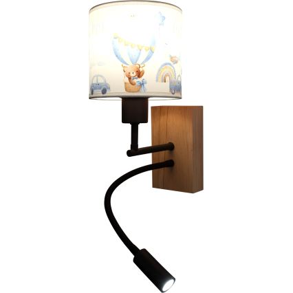 BRILAGI - LED-lastenseinävalaisin BOBO WOOD, säädettävä 1xE27/25W/230V + LED/3W tammi/musta/valkoinen/sininen/nallekuvio