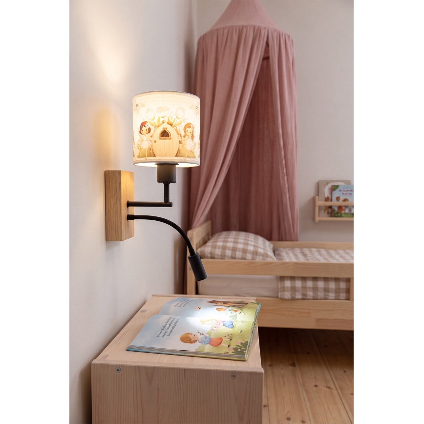 BRILAGI - LED Lasten joustava seinävalaisin BOBO WOOD 1xE27/25W/230V + LED/3W tammi/musta/valkoinen/vaaleanpunainen/keijut
