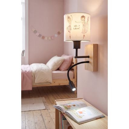 BRILAGI - LED lasten taipuisa seinävalaisin BOBO WOOD 1xE27/25W/230V + LED/3W tammi/musta/valkoinen/vaaleanpunainen/balettitossut