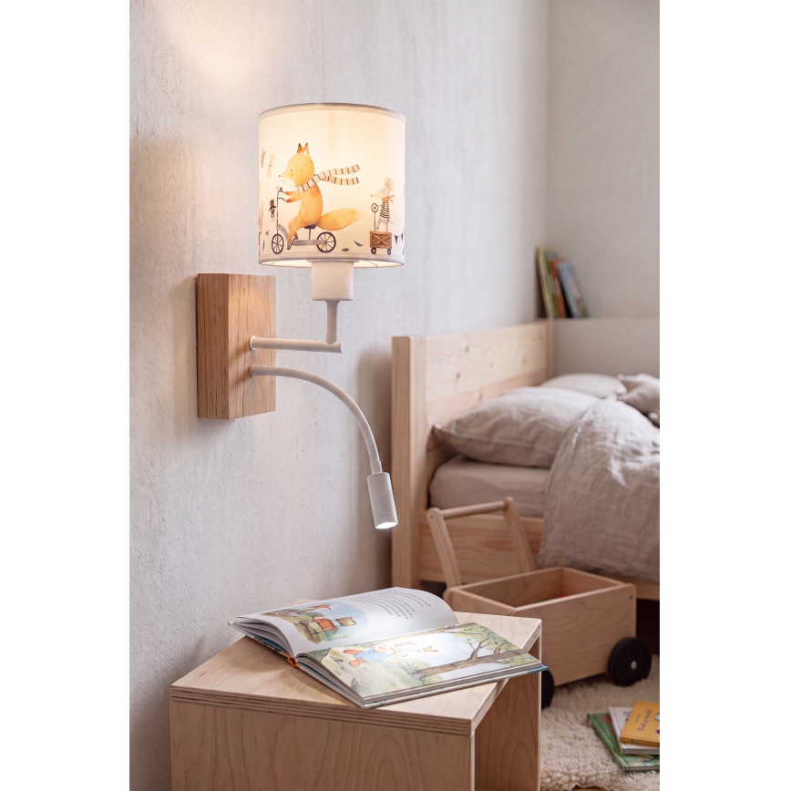 BRILAGI - LED Lasten joustava seinävalaisin BOBO WOOD 1xE27/25W/230V + LED/3W tammi/valkoinen/eläinaiheinen