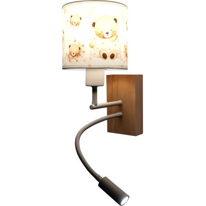 BRILAGI - LED-säädettävä lasten seinävalaisin BOBO WOOD 1xE27/25W/230V + LED/3W tammi/valkoinen/nallet