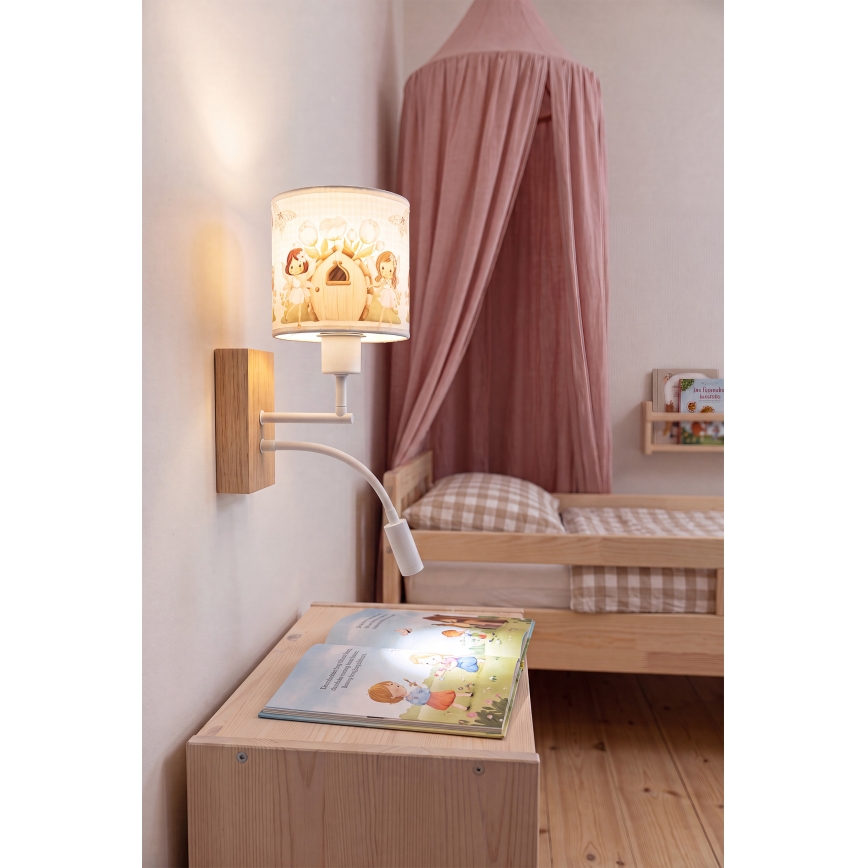 BRILAGI - BOBO WOOD LED-lastenseinävalaisin, joustava, 1xE27/25W/230V + LED/3W, tammi/valkoinen/vaaleanpunainen/keijut