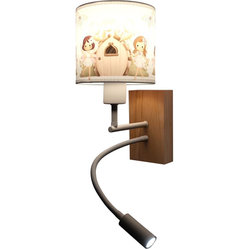 BRILAGI - BOBO WOOD LED-lastenseinävalaisin, joustava, 1xE27/25W/230V + LED/3W, tammi/valkoinen/vaaleanpunainen/keijut