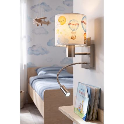 BRILAGI - LED lasten säädettävä seinävalaisin BOBO 1xE27/25W/230V + LED/3W mattakromi/valkoinen/eläinkuviollinen