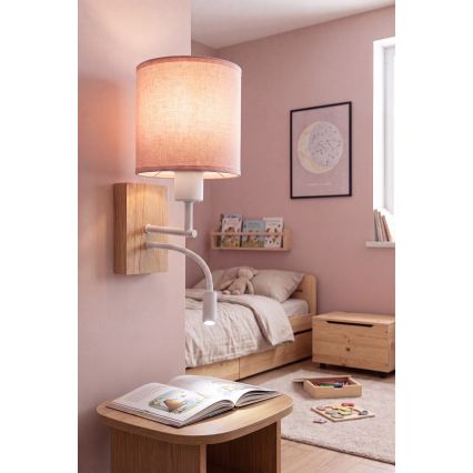 BRILAGI - LED-taivutettava seinävalaisin BOBO WOOD 1xE27/25W/230V + LED/3W tammi/valkoinen/vaaleanpunainen
