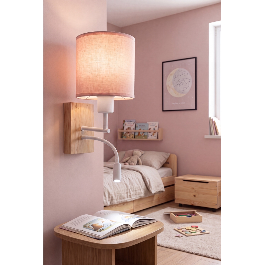 BRILAGI - LED-taivutettava seinävalaisin BOBO WOOD 1xE27/25W/230V + LED/3W tammi/valkoinen/vaaleanpunainen