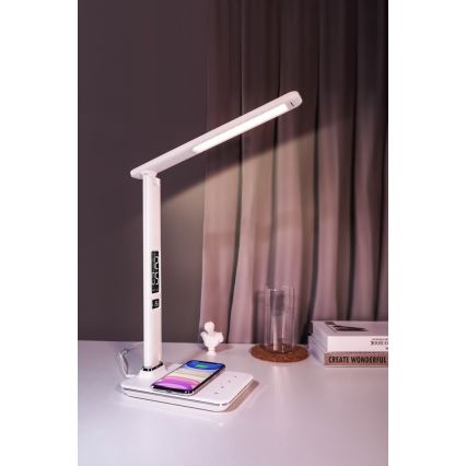 Brilagi - REGINA LED/8,5W/230V himennettävä LED-pöytälamppu langattomalla QI-latauksella ja USB-liitännällä, valkoinen