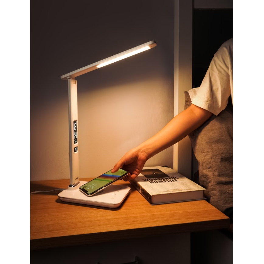 Brilagi - REGINA LED/8,5W/230V himennettävä LED-pöytälamppu langattomalla QI-latauksella ja USB-liitännällä, valkoinen