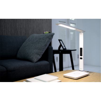 Brilagi - REGINA LED/8,5W/230V himennettävä LED-pöytälamppu langattomalla QI-latauksella ja USB-liitännällä, valkoinen