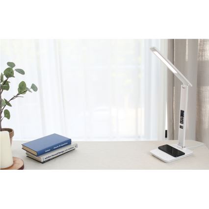 Brilagi - REGINA LED/8,5W/230V himennettävä LED-pöytälamppu langattomalla QI-latauksella ja USB-liitännällä, valkoinen