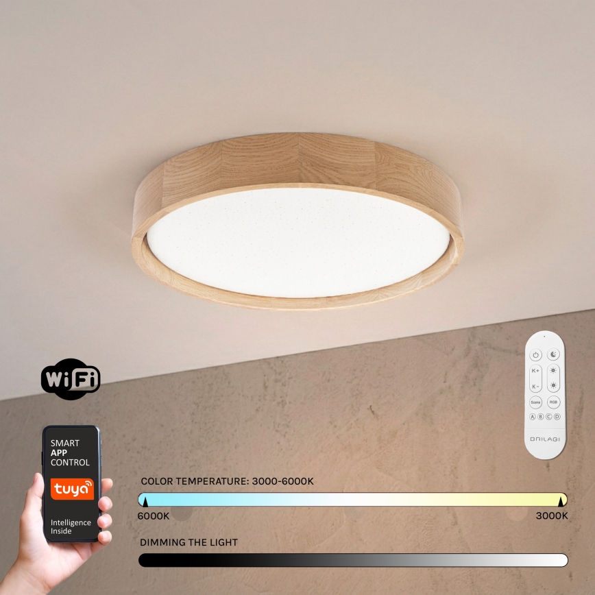 Brilagi - Himmennettävä LED-kattovalaisin MANAROLA SMART STARS LED/24W/230V 3000-6000K Wi-Fi Tuya Beacon Ø 41 cm tammi + kaukosäädin