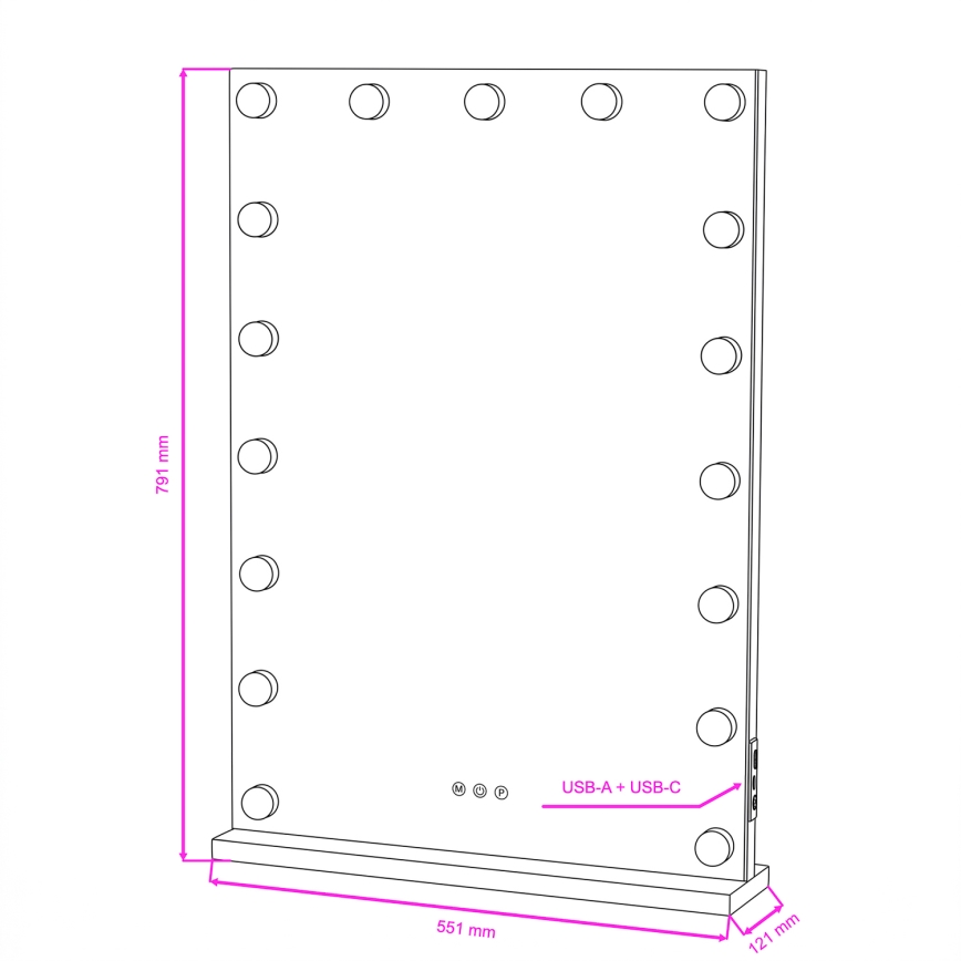 BRILAGI - himmennettävä LED-meikkipeili HOLLYWOOD LED/15W/230V CCT + 2x USB 55x77 cm valkoinen