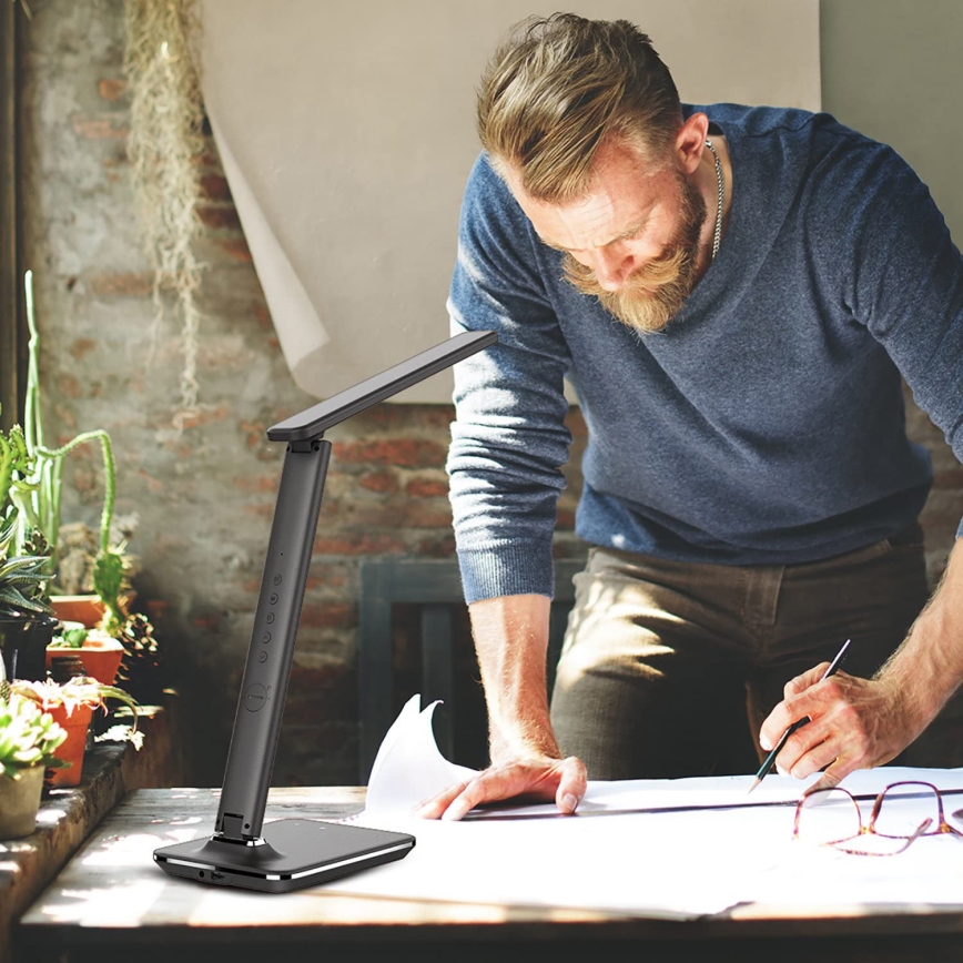 Brilagi - LED himmennettävä pöytävalaisin langattomalla QI-latauksella ja USB-liitännällä REGINA LED/8,5W/230V musta