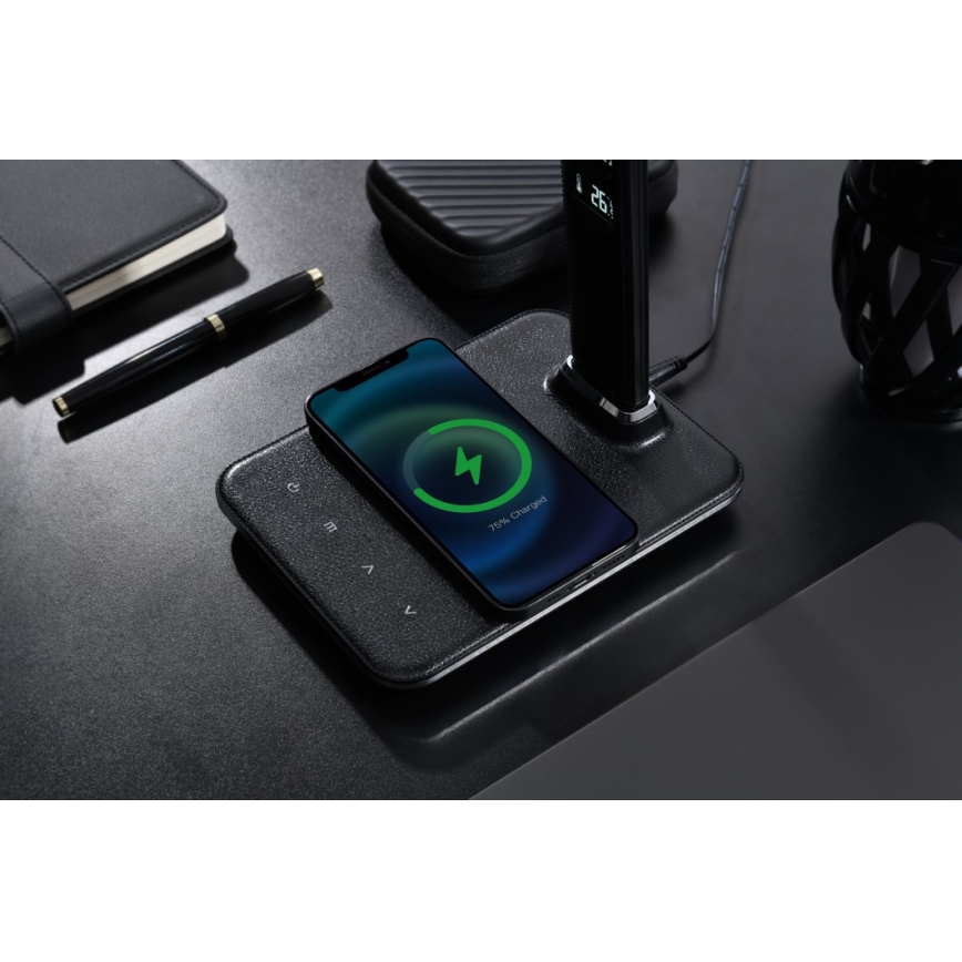 Brilagi - LED himmennettävä pöytävalaisin langattomalla QI-latauksella ja USB-liitännällä REGINA LED/8,5W/230V musta