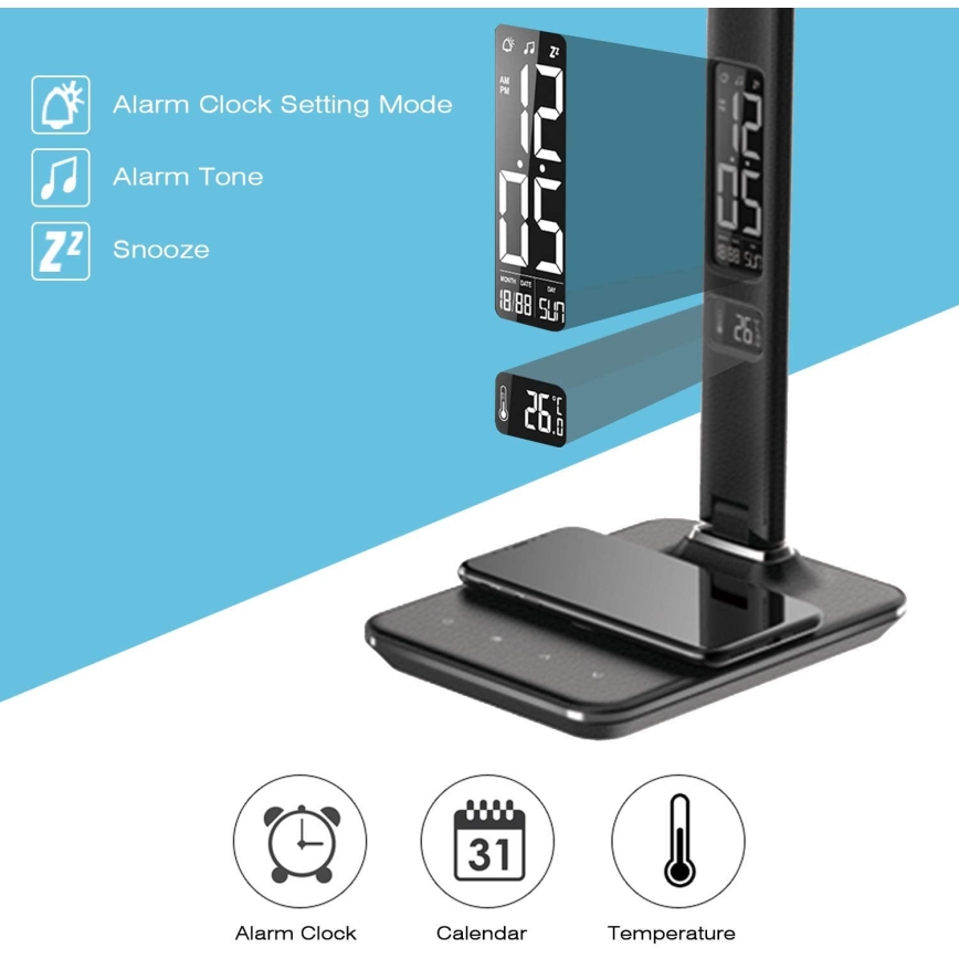 Brilagi - LED himmennettävä pöytävalaisin langattomalla QI-latauksella ja USB-liitännällä REGINA LED/8,5W/230V musta