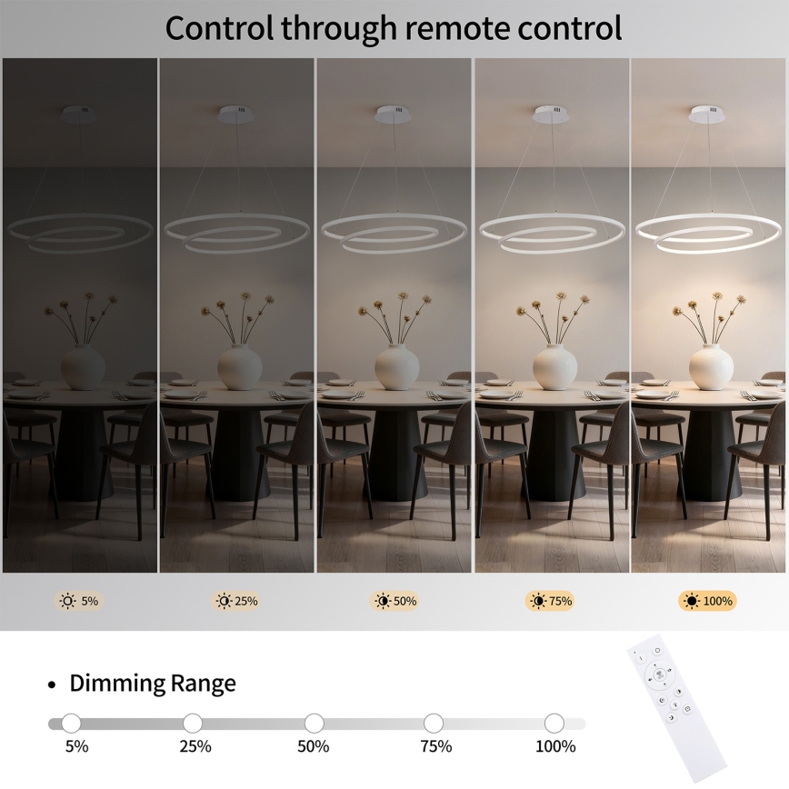Brilagi - LED-himmennettävä riippuvalaisin vaijerilla TWISTER LED/105W/230V 3000-6000K halkaisija 100 cm valkoinen + kaukosäädin