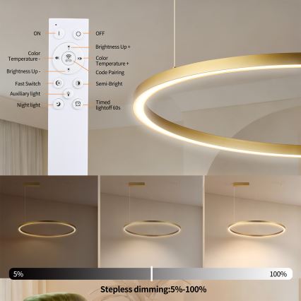 Brilagi - Himmennettävä LED-riippuvalaisin kaapelilla PORTOFINO LED/60W/230V 3000-6000K Ø 80 cm kulta + kaukosäädin