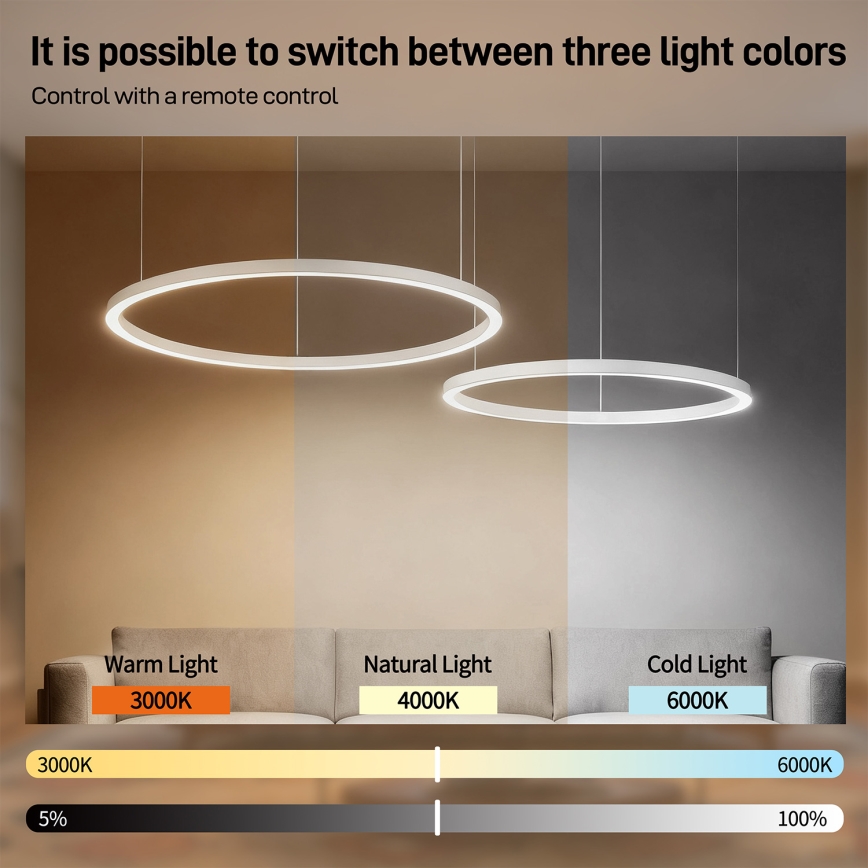 Brilagi - LED-himennettävä riippuvalaisin vaijerilla PORTOFINO LED/98W/230V 3000-6000K valkoinen + kaukosäädin