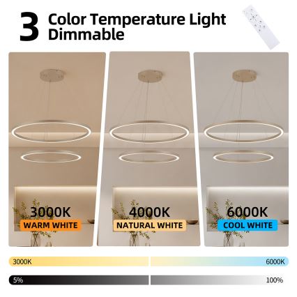 BRILAGI - PORTOFINO himmennettävä LED-riippuvalaisin vaijerilla, LED 98W/230V, 3000-6000K, halkaisija 80 cm, beigen sävyinen + kaukosäädin