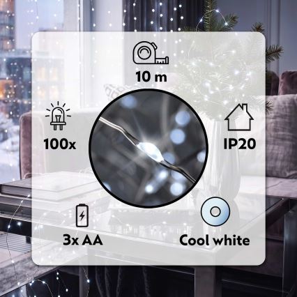 Brilagi - LED-jouluvalosarja 100xLED/3xAA 10 m kylmänvalkoinen