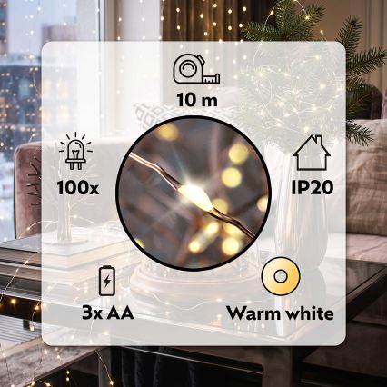 Brilagi - LED-jouluvalosarja 100xLED/3xAA 10m lämmin valkoinen