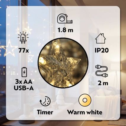 BRILAGI - LED Jouluverho 77xLED/3xAA/USB 1,8m lämmin valkoinen