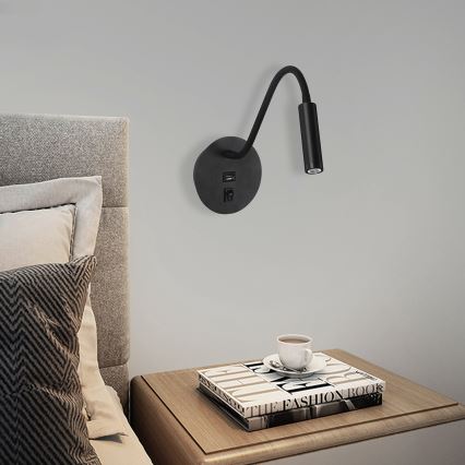 Brilagi - LED Joustava seinävalaisin USB-portilla MAYA LED/3W/230V 4000K musta