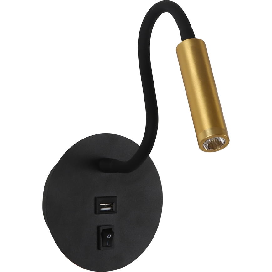 Brilagi - LED Joustava seinävalaisin USB-portilla MAYA LED/3W/230V 4000K musta/kulta