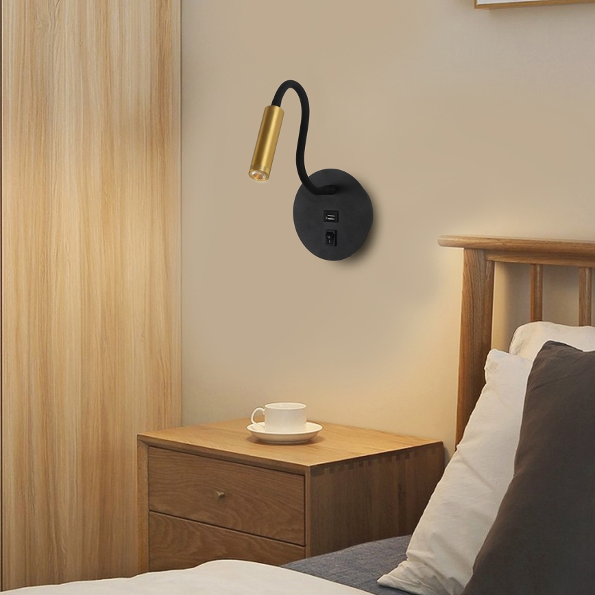 Brilagi - LED Joustava seinävalaisin USB-portilla MAYA LED/3W/230V 4000K musta/kulta