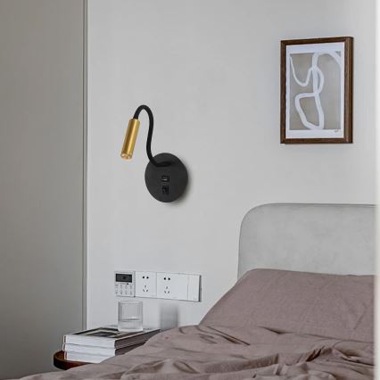 Brilagi - LED Joustava seinävalaisin USB-portilla MAYA LED/3W/230V 4000K musta/kulta