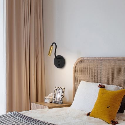 Brilagi - LED Joustava seinävalaisin USB-portilla MAYA LED/3W/230V 4000K musta/kulta