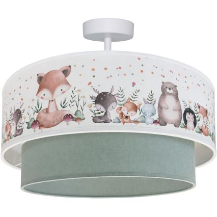 Brilagi - BOBO LED-lastenkattovalaisin, pinta-asennettava, 1xE27/60W/230V, halkaisija 40 cm, valkoinen/vihreä/eläinaiheinen
