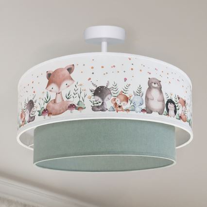 Brilagi - BOBO LED-lastenkattovalaisin, pinta-asennettava, 1xE27/60W/230V, halkaisija 40 cm, valkoinen/vihreä/eläinaiheinen
