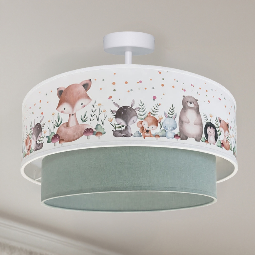 Brilagi - BOBO LED-lastenkattovalaisin, pinta-asennettava, 1xE27/60W/230V, halkaisija 40 cm, valkoinen/vihreä/eläinaiheinen