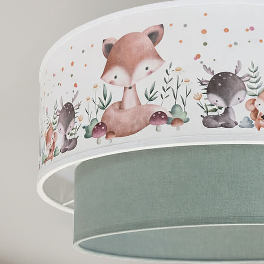 Brilagi - BOBO LED-lastenkattovalaisin, pinta-asennettava, 1xE27/60W/230V, halkaisija 40 cm, valkoinen/vihreä/eläinaiheinen