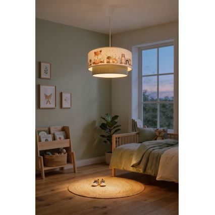 Brilagi - LED Lasten riippuvalaisin johdolla BOBO 1xE27/60W/230V halkaisija 40 cm valkoinen/vihreä/eläinkuviot