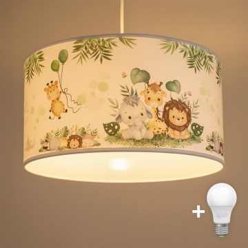 Brilagi - LED lasten riippuvalaisin vaijerilla BOBO 1xE27/10W/230V Ø 35 cm valkoinen/viidakkokuosi