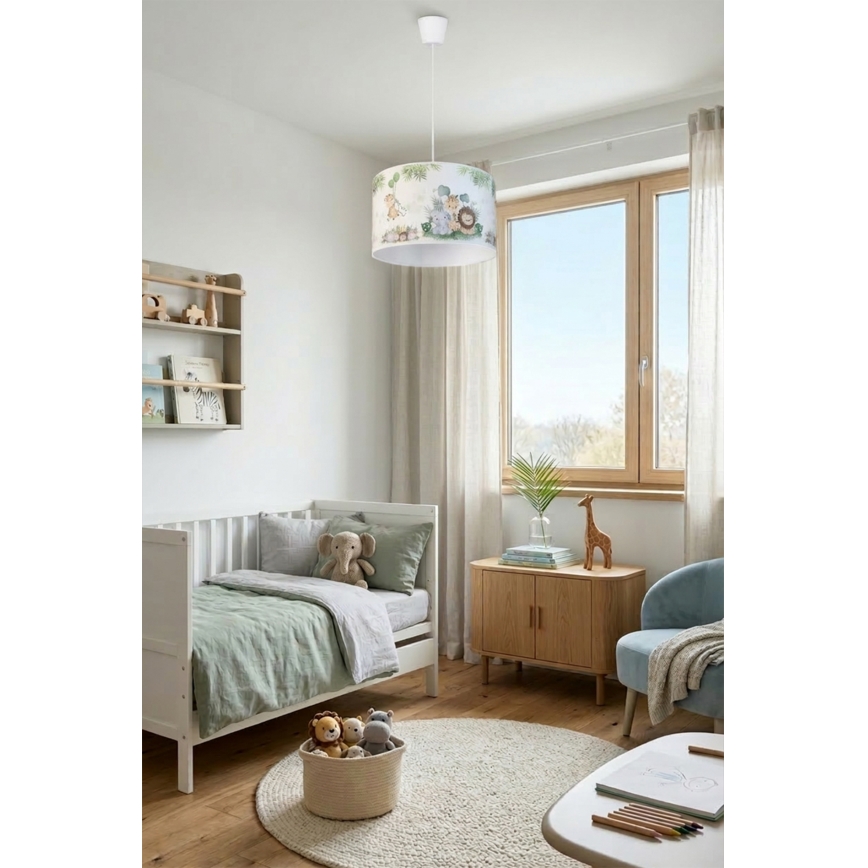 Brilagi - LED lasten riippuvalaisin vaijerilla BOBO 1xE27/10W/230V Ø 35 cm valkoinen/viidakkokuosi