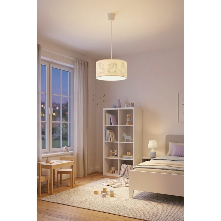 Brilagi - LED lastenhuoneen riippuvalaisin johdolla BOBO 1xE27/60W/230V halkaisija 35 cm valkoinen/yksisarviskuvio