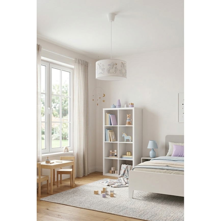 Brilagi - LED lastenhuoneen riippuvalaisin johdolla BOBO 1xE27/60W/230V halkaisija 35 cm valkoinen/yksisarviskuvio